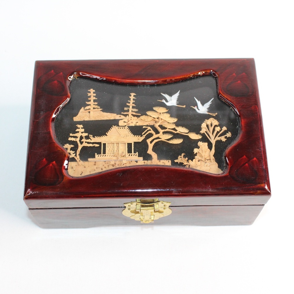 VTG Asian Pagoda Crane 3D Handcrafted Jewelry Décor Box #129
